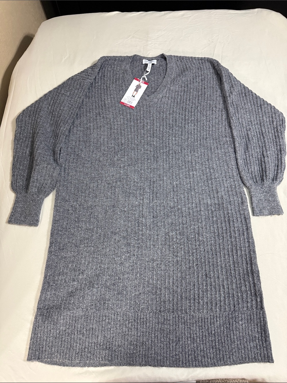Jessica Simpson Charcoal Ribbed V-Neck Sweater Dress - Picture 3 of 5